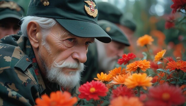 写真 ひげとひげの男性が花の束を見ています