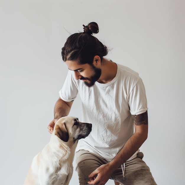 写真 ひげを生やしている男性が犬を撫でている