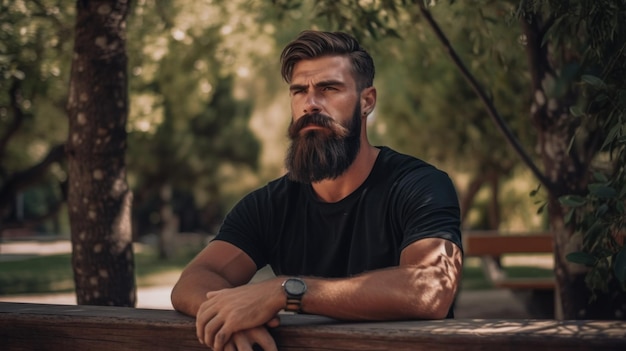 写真 ベンチに座っているひげを生み出すイメージの男性
