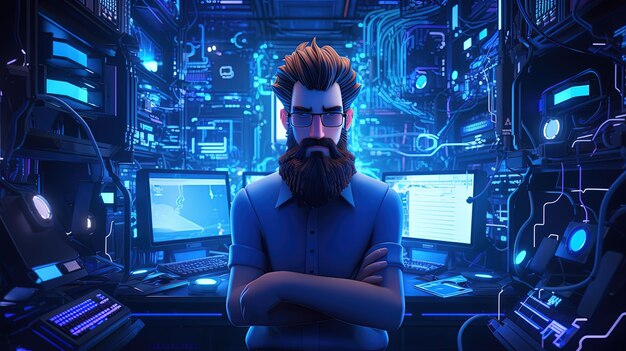 写真 ひげを生やした男性が彼の後ろに青い光があるコンピュータ画面の前に立っています