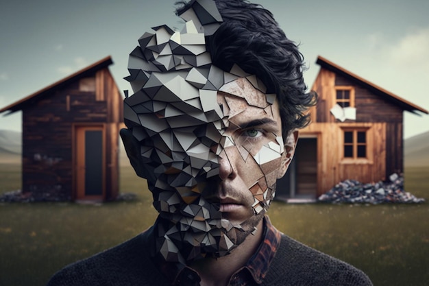 写真 三角形で作られた顔と背景の家を持つ男