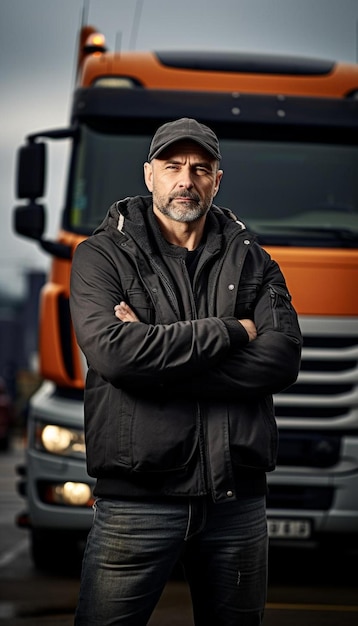 Фото Человек с шляпой стоит перед грузовиком