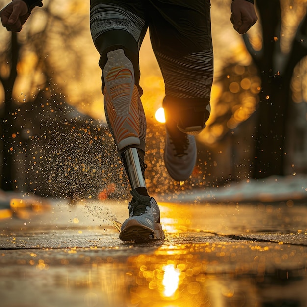 写真 義足の男性が雨の中通りを走っています