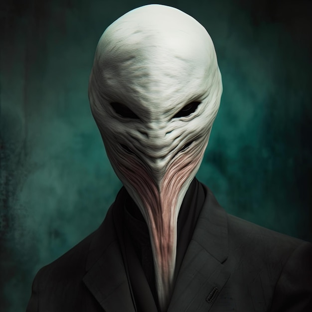 Фото Человек с белой маской и черным фоном с белым инопланетным лицом