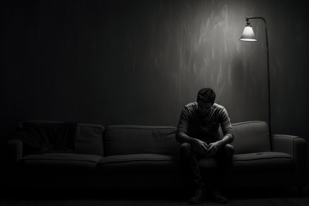 사진 우울증을 고 있는 사람은 스트레스를 받고 앉아 있습니다.