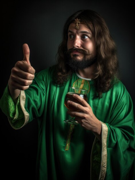 사진 긴 머리에 녹색 옷을 입은 남자가 엄지손가락을 치켜든 유리잔을 들고 있다.