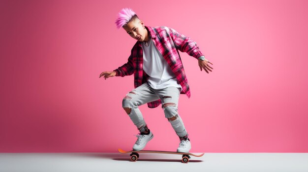 Фото Мужчина с розовыми волосами с радостью едет на скейтборде по улице