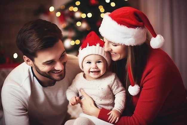 写真 クリスマスツリーの前でサンタ帽子をかぶった男性女性と赤ちゃん