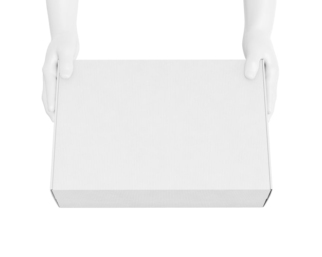 Фото Манекен с руками, держащим белый картонный ящик, изолированный на белом фоне