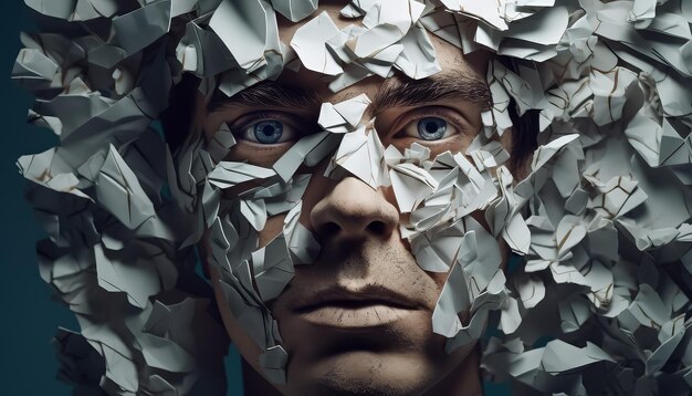 Фото Лицо человека покрыто бумагой, что придает ему беспорядочный и хаотичный вид.