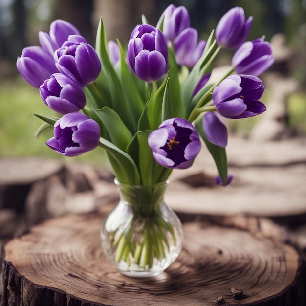 Фото Многие тюльпаны в деревянном горшке фиолетовый деревянный стол верхний вид