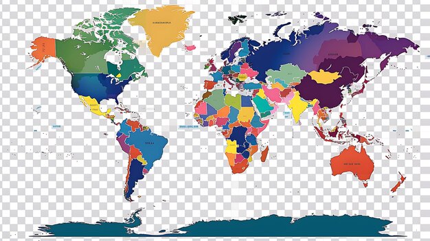Фото Карта мира в проекции меркатара карта разделена на разные цвета, каждый цвет представляет другую страну
