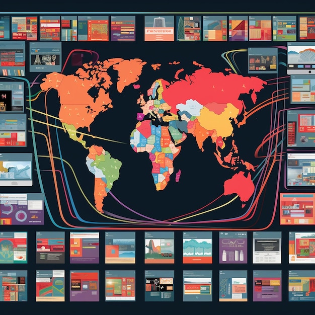 写真 さまざまな色の地図と「さまざまな国」という言葉が記載された世界地図。