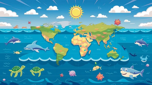 Фото Карта мира с солнцем и морскими животными