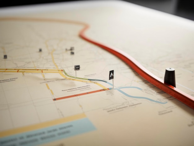 写真 赤い線が描かれた地図とその上に赤い線、そして地図上に赤い線