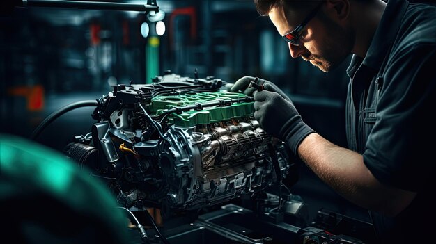 사진 자동차 공장 의 기계장치 는 공장 내 의 생산 라인 에 자동차 의 엔진 을 설치 하고 있다