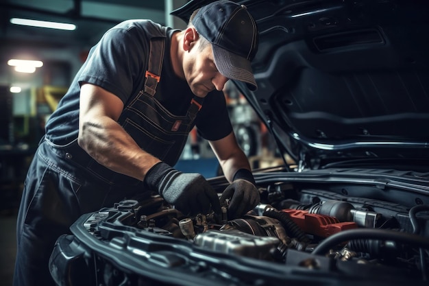 Фото Механик в мастерской диагностирует и ремонтирует двигатель и системы автомобиля ремонт и диагностика автомобилей в гараже современный автосервис жестокий рабочий механик