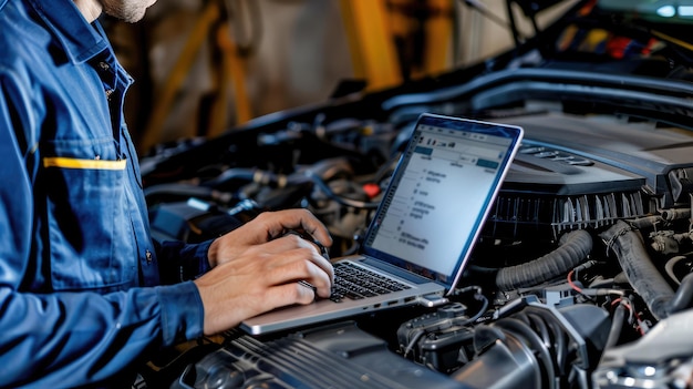 写真 車のエンジンにラップトップを搭載したメカニックが車のサービスで車のコンピューター診断を行います