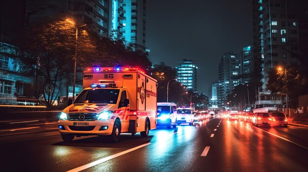 写真 都市道路のラッシュアワーコンセプトで交通渋滞中に運転する医療緊急救急車のコンセプト 救急車ジェネレーティブai