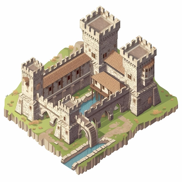 Фото Средневековый замок в изометрическом стиле, цифровая художественная иллюстрация