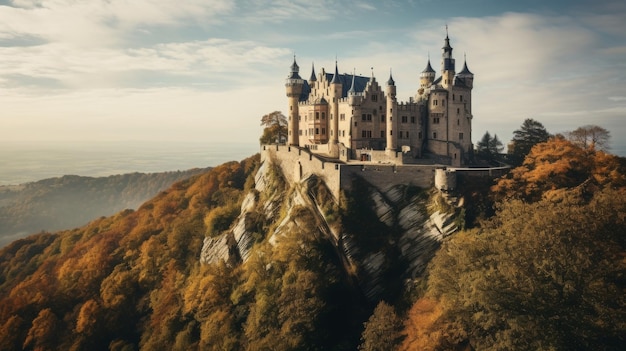 写真 美しい風景と空を眺める丘の頂上にある中世の城