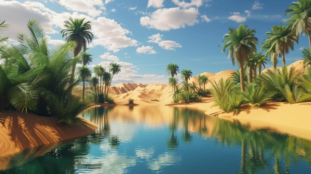 Фото Завораживающее 3d изображение фрактального пустынного оазиса с сложными узорами и яркими цветами, создающими сюрреалистичный и потусторонний пейзаж