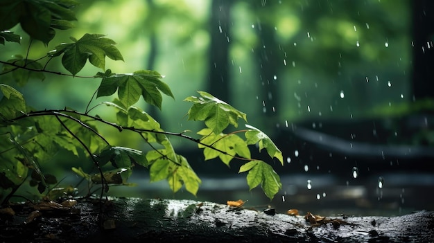 写真 光と影の遊びが平和な穏やかな雰囲気を生み出す、静かな森の中に雨が降り注ぐ葉の魅惑的な描写