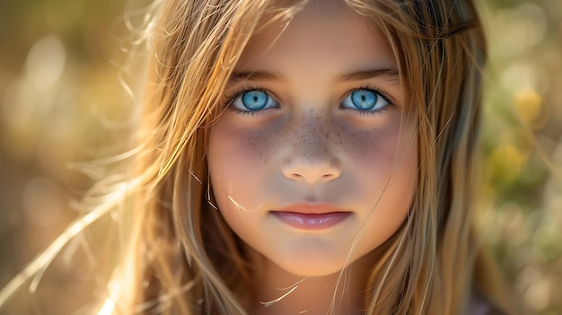 Фото a mesmerizing portrait of a captivating young girl with flowing locks of straight blonde hair and piercing blue eyes that shimmer with an enchanting sparkle capturing her youthful innocence