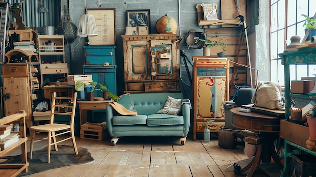 Фото Блудная комната, заполненная различной мебелью и предметами. в центре комнаты синий диван с кофейным столом перед ним.
