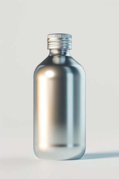 写真 白い表面に金属のキャップを持つ金属のボトル