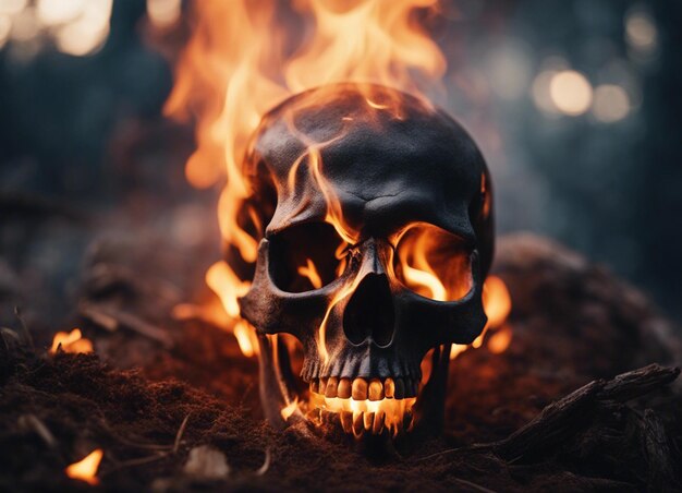 Фото Металлический череп в огне