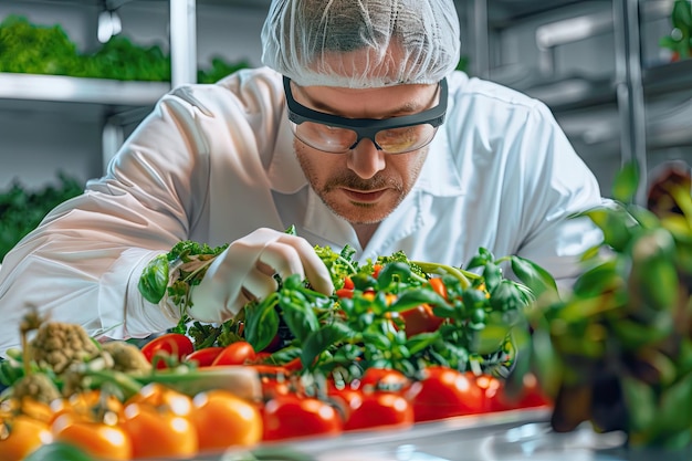 写真 厳格 な 食品 科学 者 は,制御 さ れ た 実験 室 の 環境 で 新鮮 な 野菜 の 品質 を 評価 し て い ます