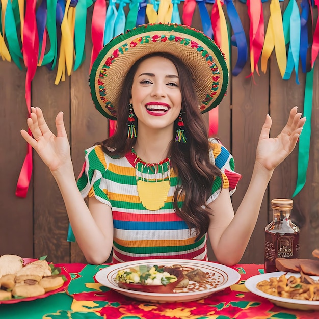 Фото Прекрасная мексиканская женщина и гриль празднование cinco de mayo