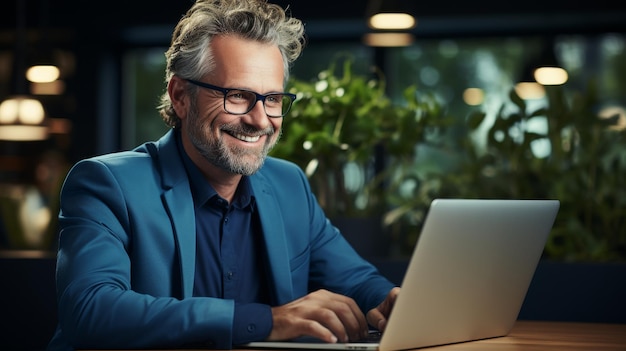 사진 노트북 컴퓨터에서 일하면서 웃는 파란색 슈트를 입은 중년 미소 짓는 전문 사업가 비즈니스 임원 초상화