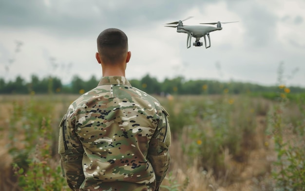 Фото Военный сосредоточен, управляя дроном над полем с дикими цветами, сигнализируя о смеси природной красоты и технологического прогресса.