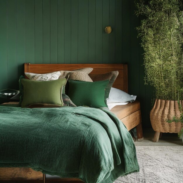 사진 밝은 초록색 벽이 있는 미니멀한 침실