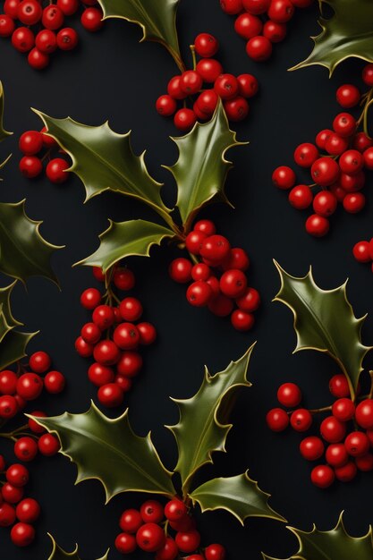 写真 ミニマリストのクリスマスの背景はハリーの葉とベリーのマクロクロアップを特徴としaiが生成したイラストです