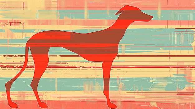 사진 다채로운 배경 앞에 있는 빨간 개의 미니멀리즘 그림. 개는 프로파일로 서서 왼쪽으로 바라보고 있다.
