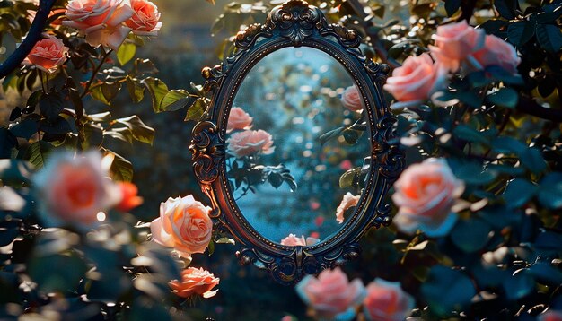 사진 거울에 꽃이 반사되어 있습니다.