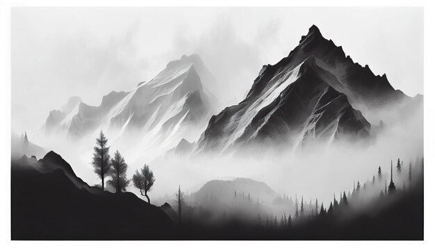 Фото Туманный горный пейзаж, окутанный туманом, настроение таинственное и эфирное.