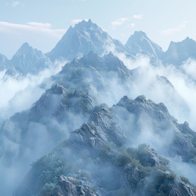 写真 雲が巻き回っている霧の山空に達するようない山頂 8k