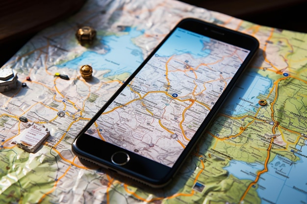 Фото Мобильный телефон, помещенный на вершине туристических карт, готовый к приключениям