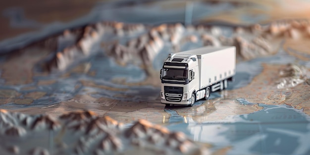 Фото Мокет легкого грузовика, стоящего на карте с элементами трехмерного ландшафта место для текста концепция логистики и транспорта грузовых перевозок и доставки