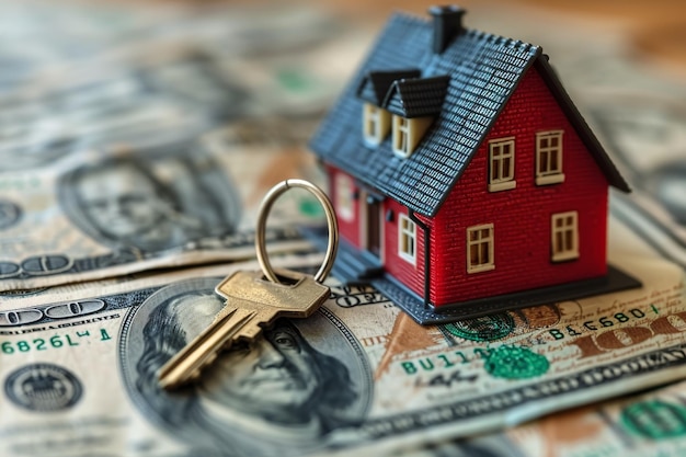 Фото Модель дома и денег на заднем плане концепция покупки дома и ипотеки покупка недвижимости