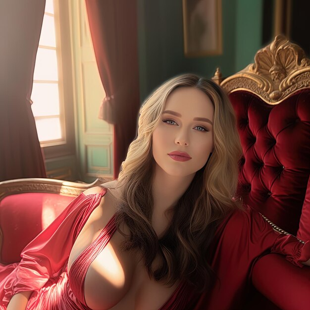 写真 a model wearing a red dress sits on a red chair