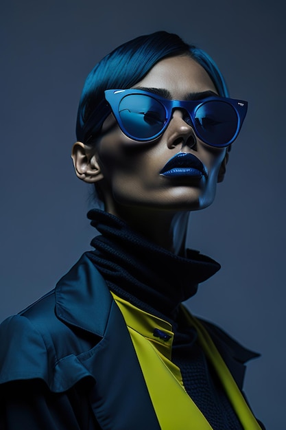 Фото Модель носит синие солнцезащитные очки с желтым верхом и черный жакет.