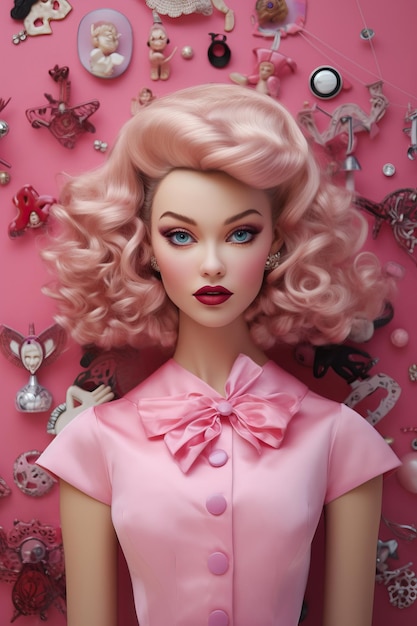 사진 분홍색 머리카락과 분홍색 타이를 입은 모델.