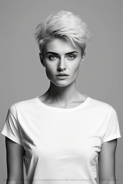 Фото Модель с короткими светлыми волосами и в белой футболке.