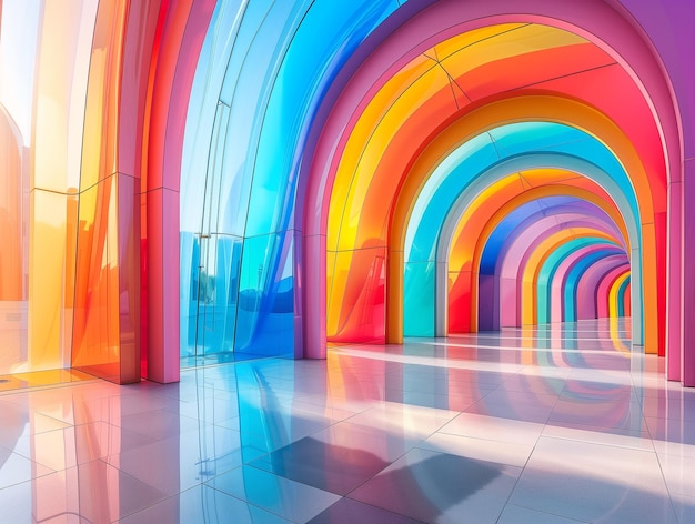 Фото Современное архитектурное чудо, демонстрирующее яркую последовательность красочных прозрачных арк