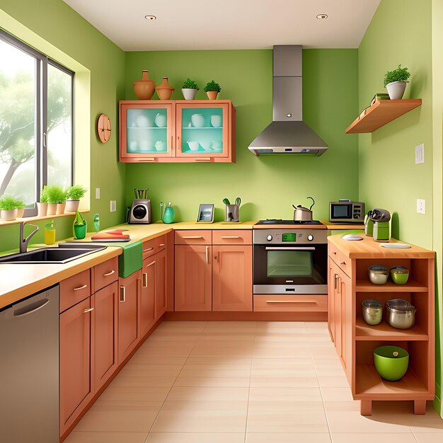Фото Современное красивое кухонное пространство с зелеными деревьями и уютной атмосферой генеративный ии